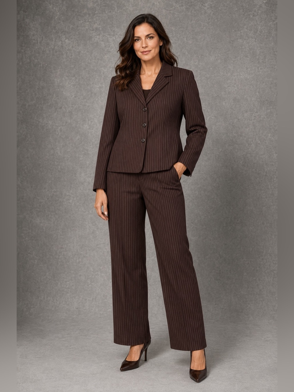 Briggs Petite Brown Pinstripe 2 Piece Pant Suit Set NWT Size 14P Career Office